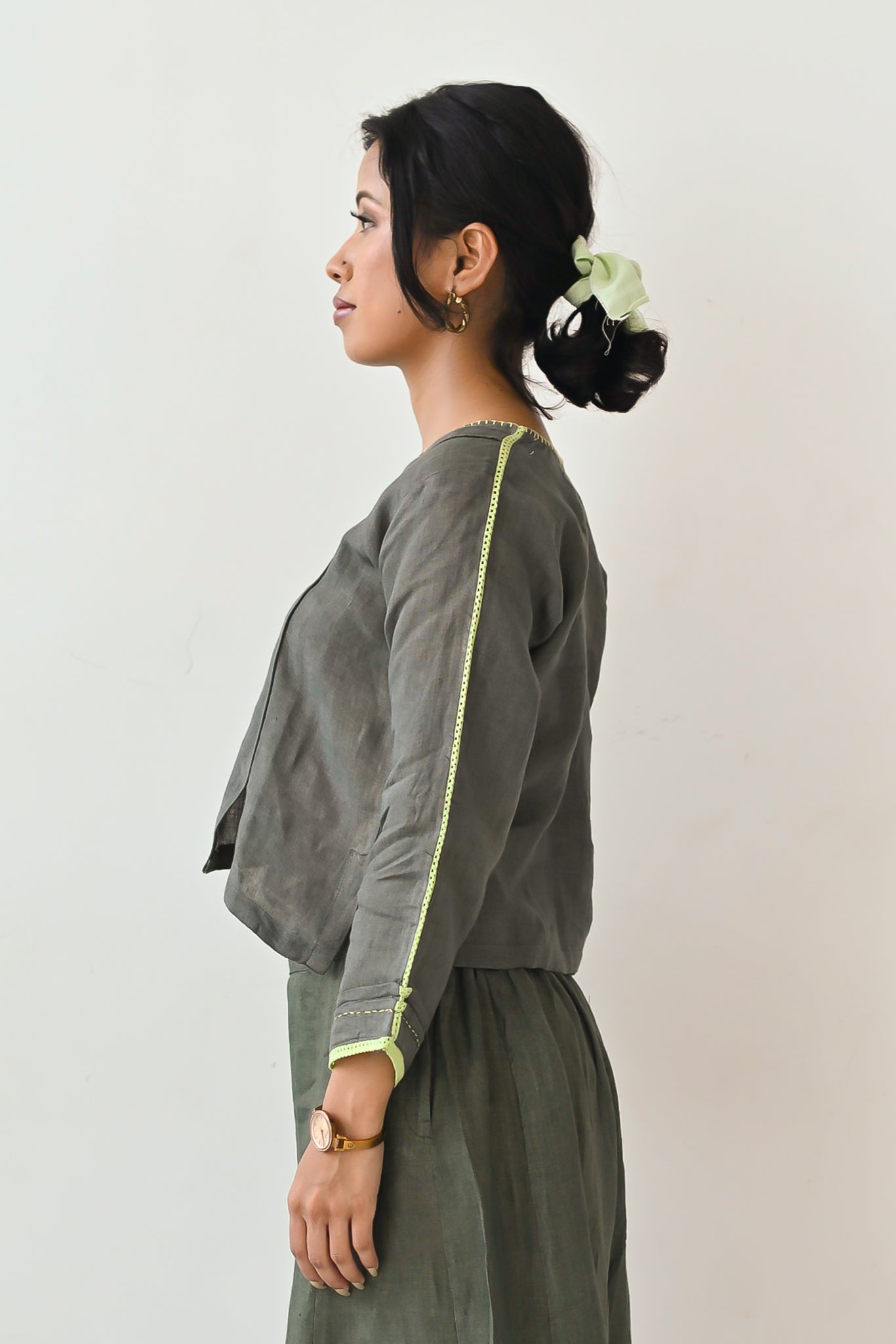 Olive Linen Embroidered Cropped Top