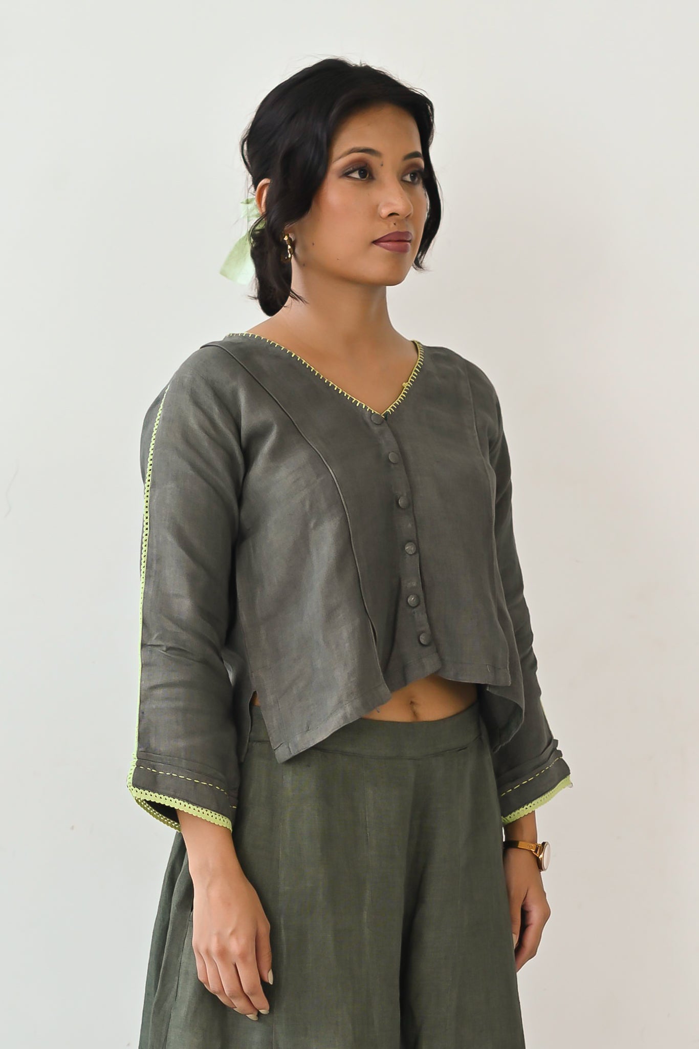 Olive Linen Embroidered Cropped Top