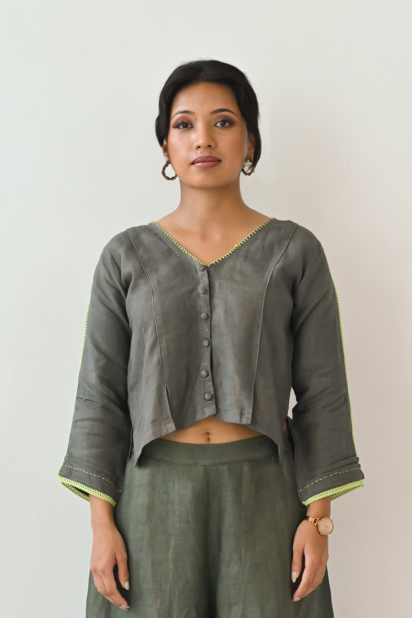 Olive Linen Embroidered Cropped Top