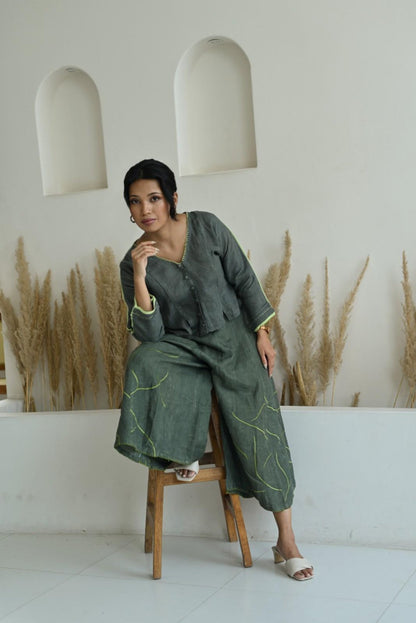 Olive Linen Embroidered Cropped Top