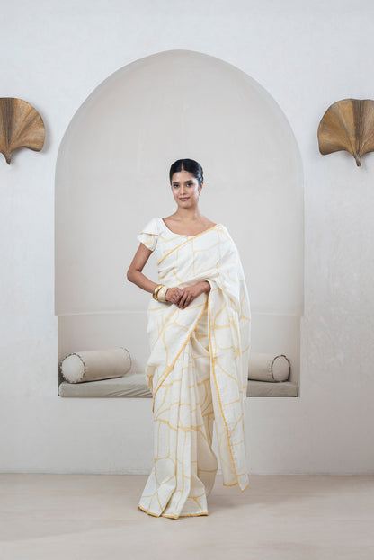 Ivory With Yellow Print Linen Sari With Kintsugi Print