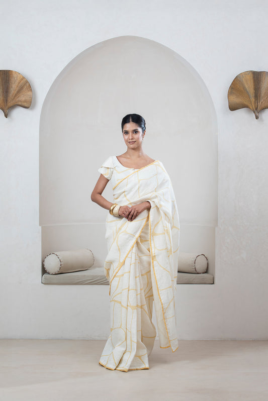 Ivory With Yellow Print Linen Sari With Kintsugi Print