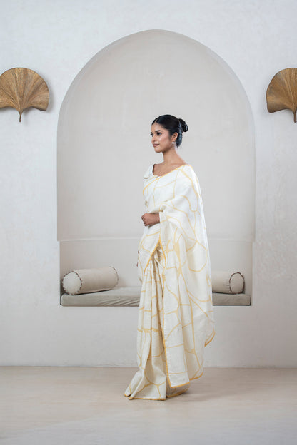 Ivory Linen Saree with Yellow Kintsugi Print