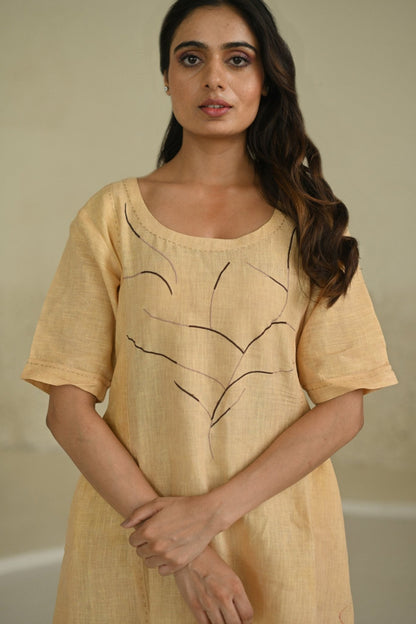 Beige Linen Embroidered Asymmetrical Dress