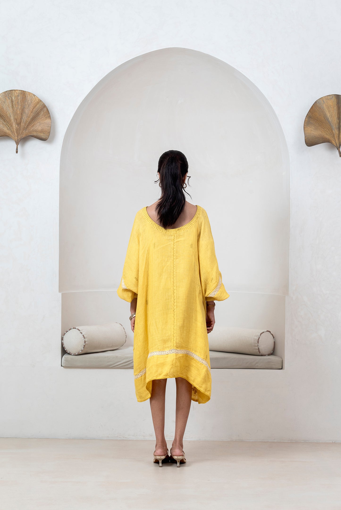 Mustard Yellow Gauze Linen Anti-fit Asymmetrical Dress