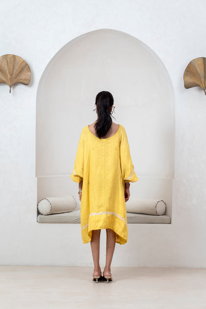 Mustard Yellow Gauze Linen Anti-fit Asymmetrical Dress