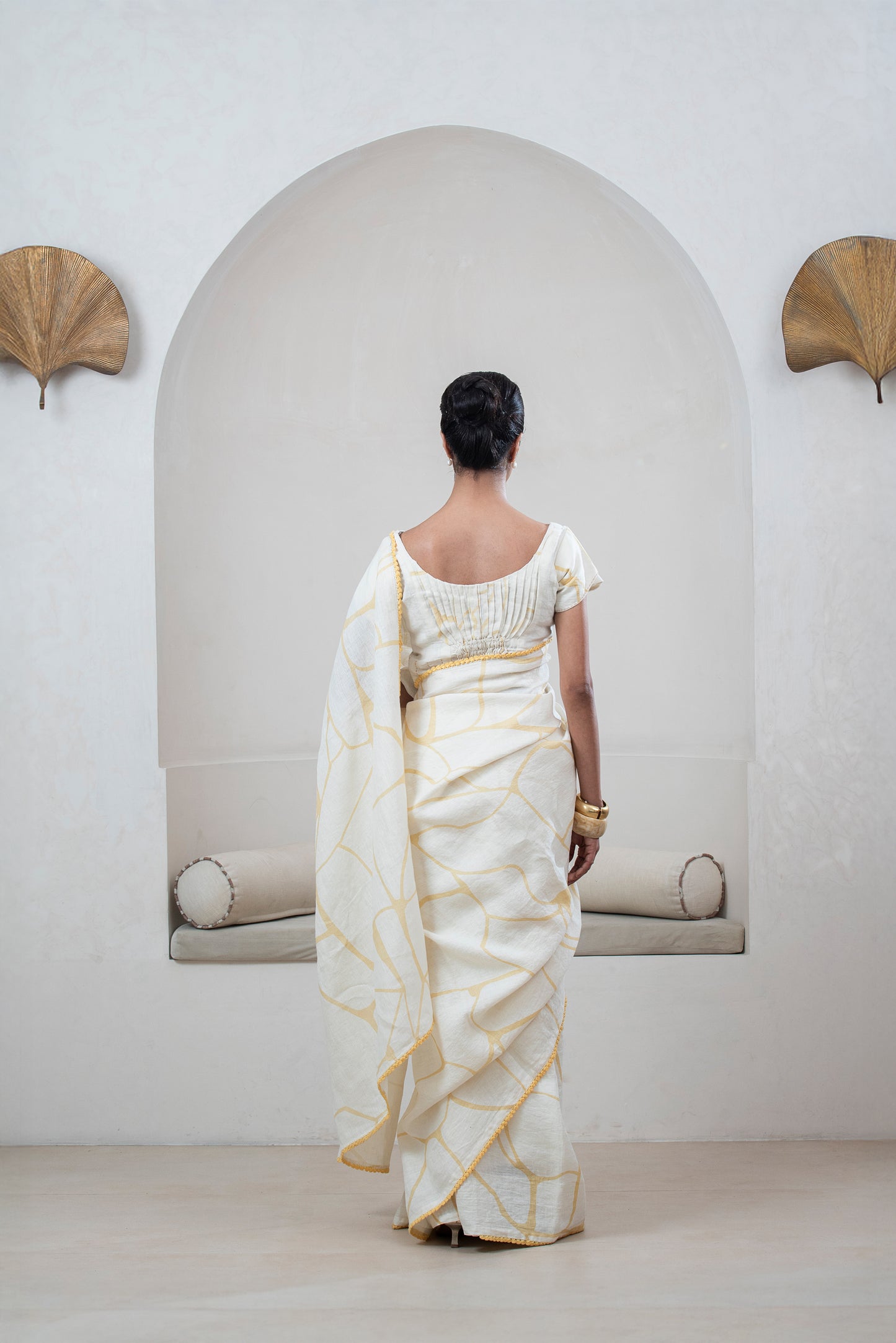 Ivory With Yellow Print Linen Sari With Kintsugi Print