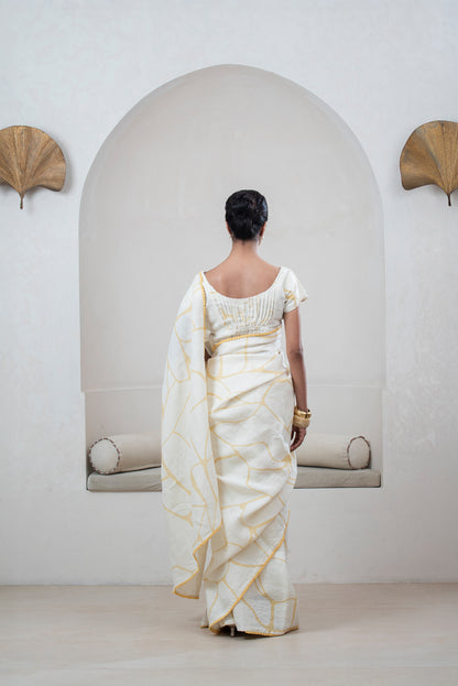 Ivory With Yellow Print Linen Sari With Kintsugi Print