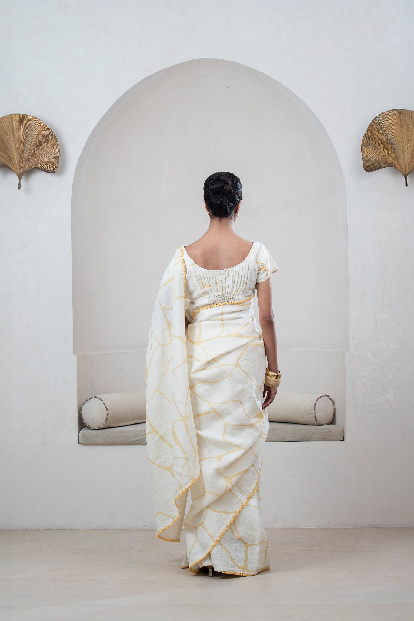 Ivory Linen Saree with Yellow Kintsugi Print