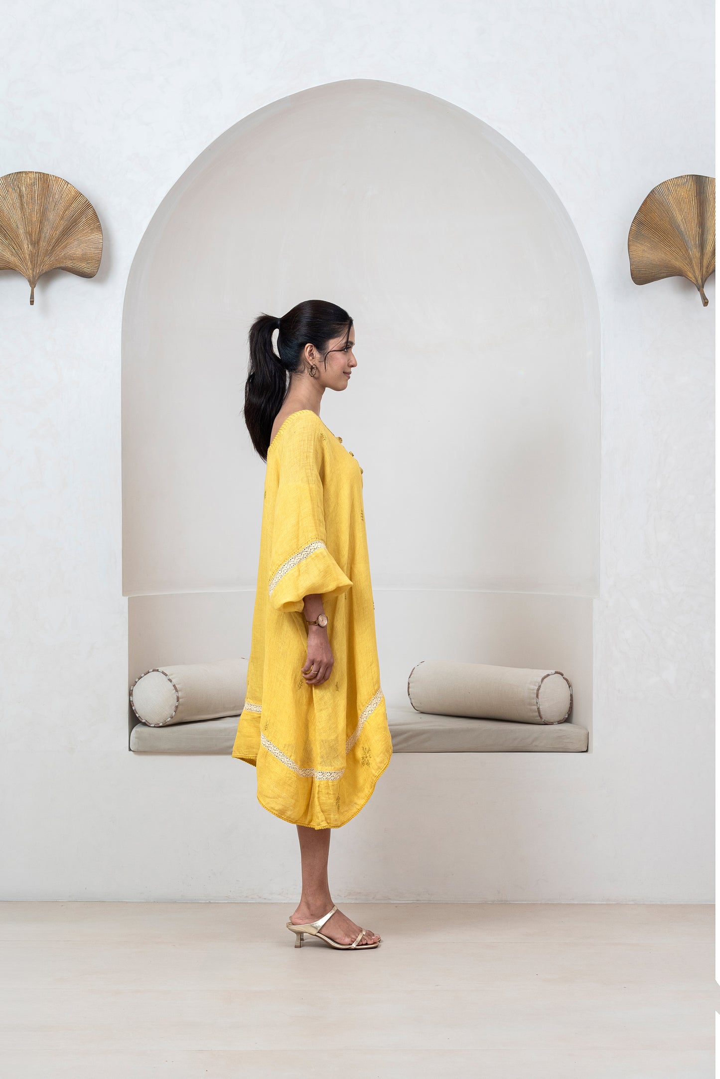 Mustard Yellow Gauze Linen Anti-fit Asymmetrical Dress