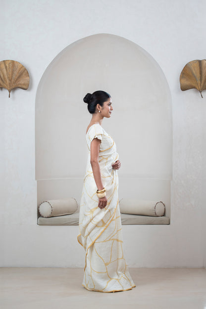 Ivory With Yellow Print Linen Sari With Kintsugi Print