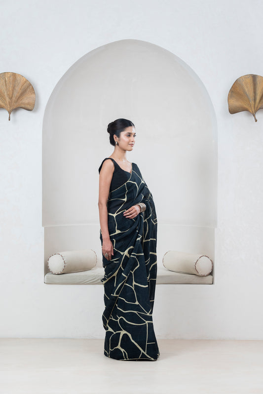 Black Kintsugi Yellow Print Gauze Linen Sari