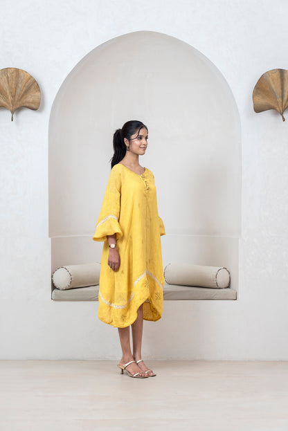 Mustard Yellow Gauze Linen Anti-fit Asymmetrical Dress