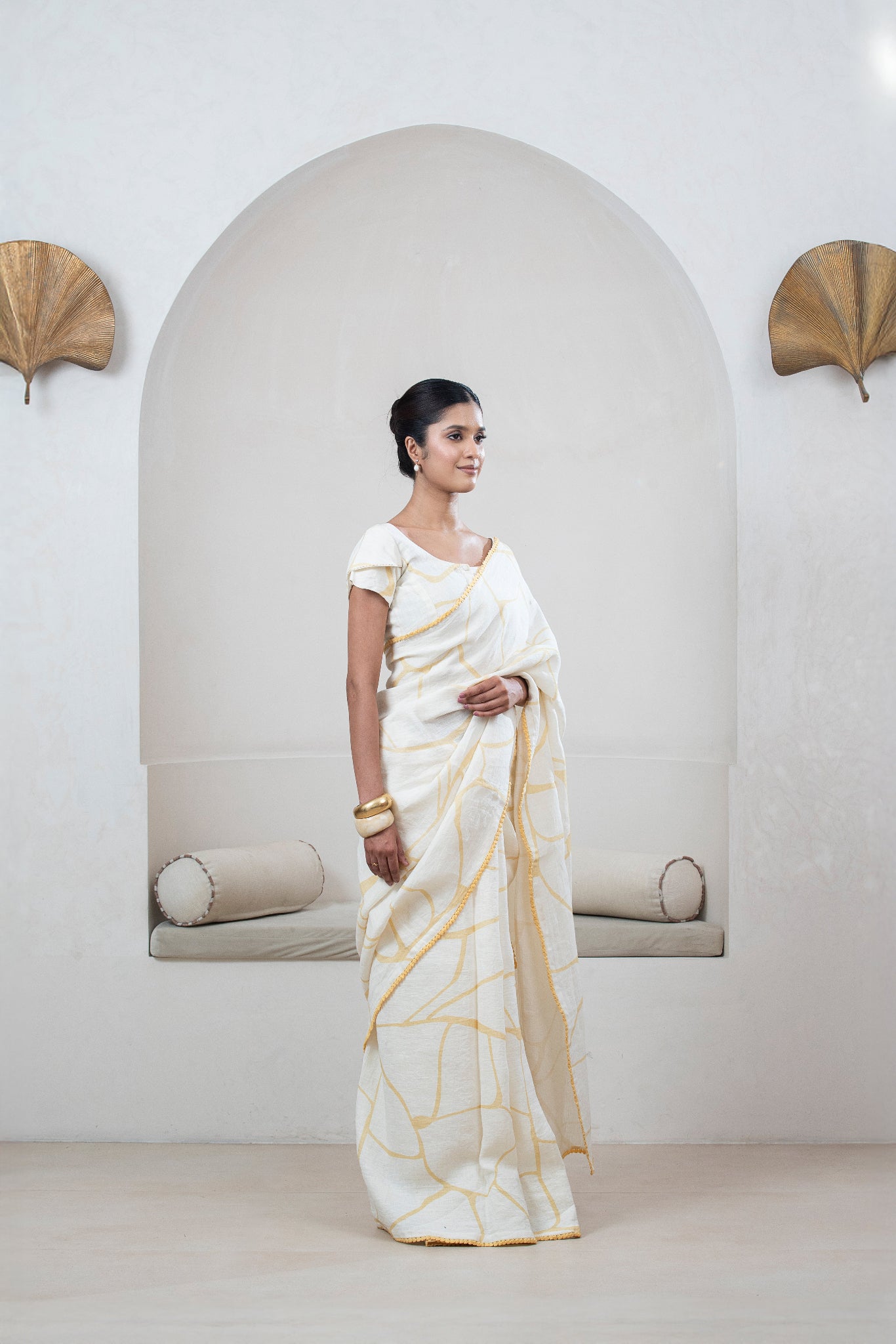 Ivory Linen Saree with Yellow Kintsugi Print