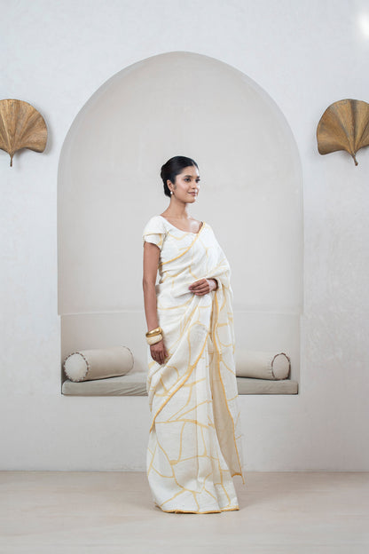 Ivory Linen Saree with Yellow Kintsugi Print