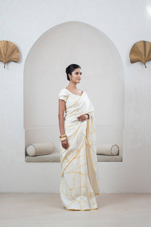 Ivory Linen Saree with Yellow Kintsugi Print