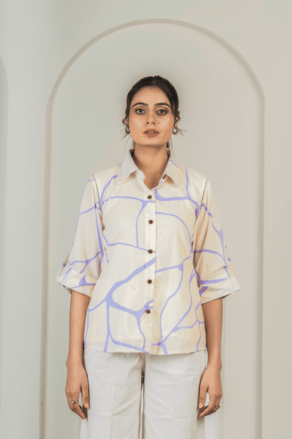 Beige Cotton Shirt With Lilac Print