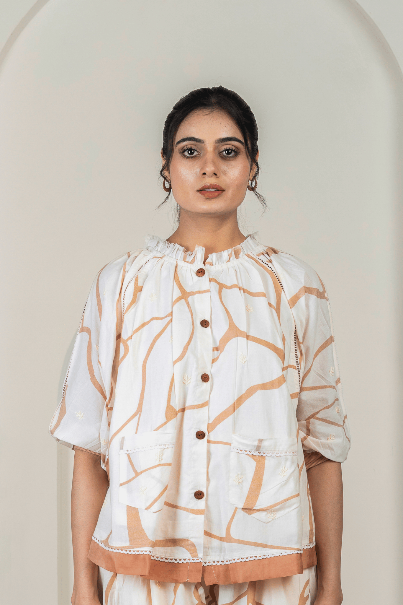 Beige & Brown Print Cotton Kaftan Top
