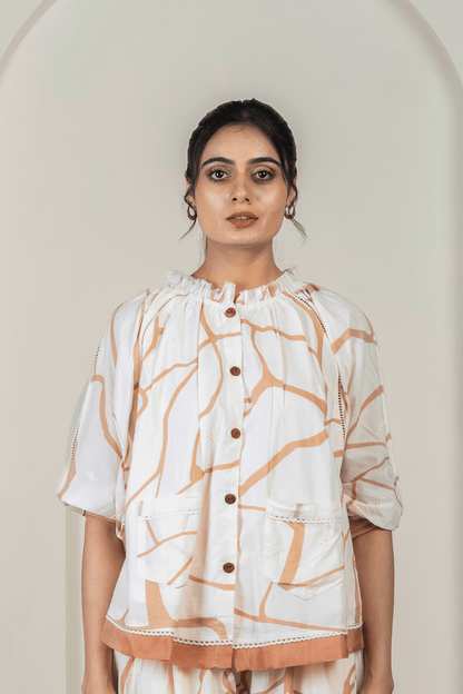 Beige & Brown Print Cotton Kaftan Top