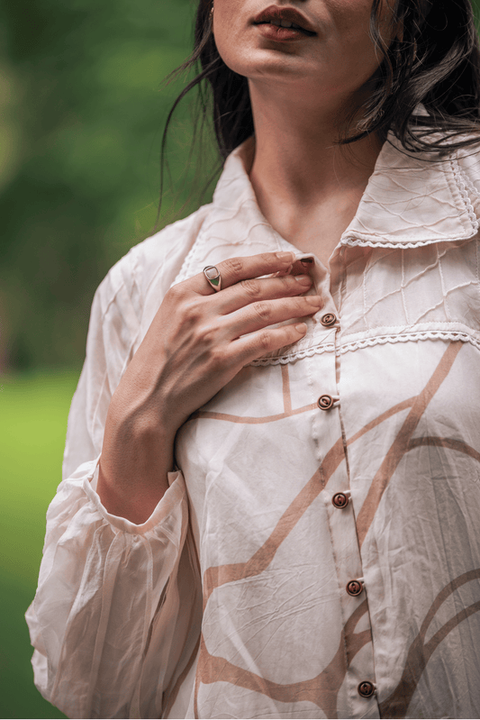 Beige & Brown Printed Organza Shirt Dress