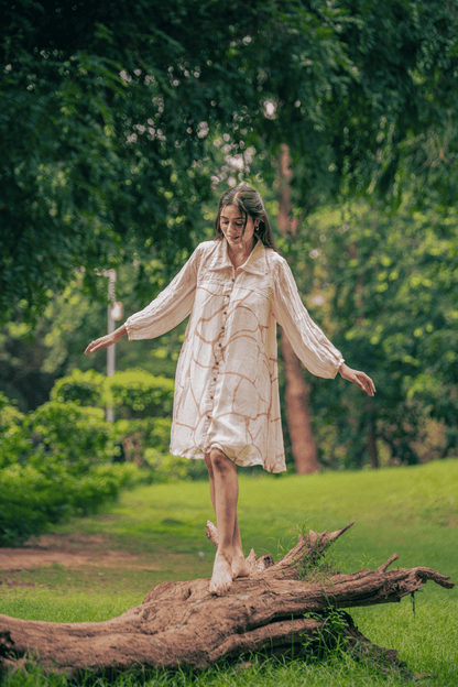 Beige & Brown Print Organza Shirt Dress