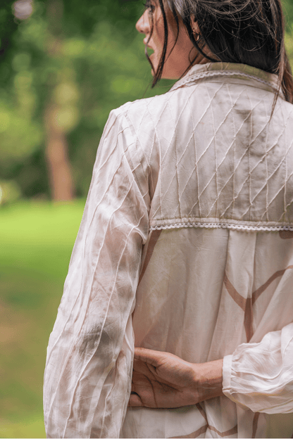 Beige & Brown Print Organza Shirt Dress