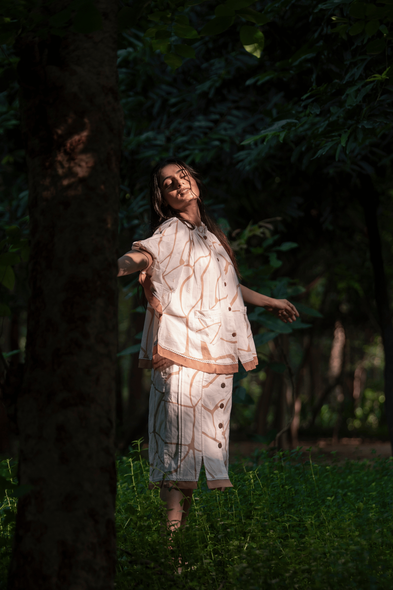 Beige & Brown Print Straight-Cut Skirt