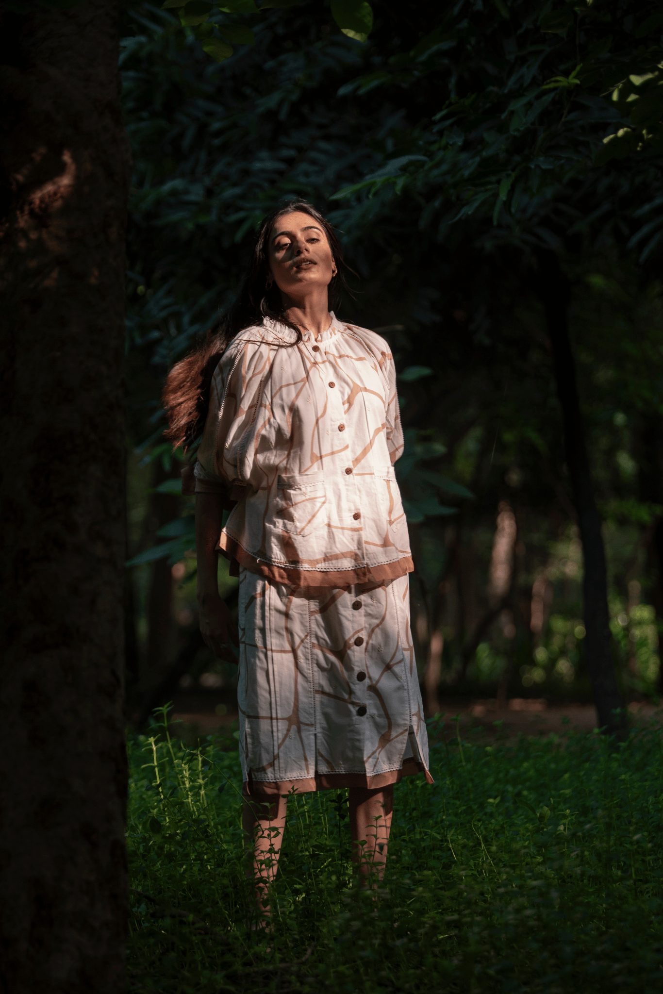 Beige & Brown Print Straight-Cut Skirt