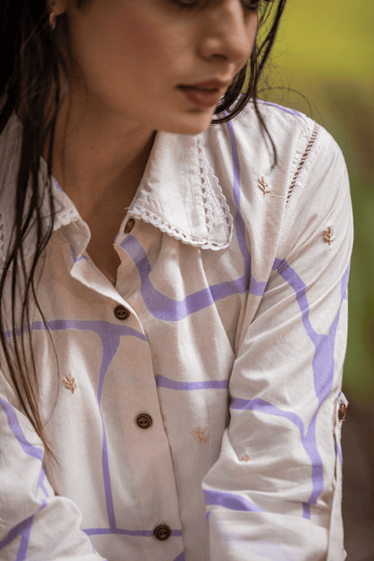 Beige Cotton Shirt With Lilac Print