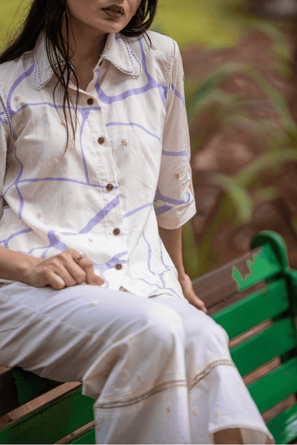 Beige Cotton Shirt With Lilac Print