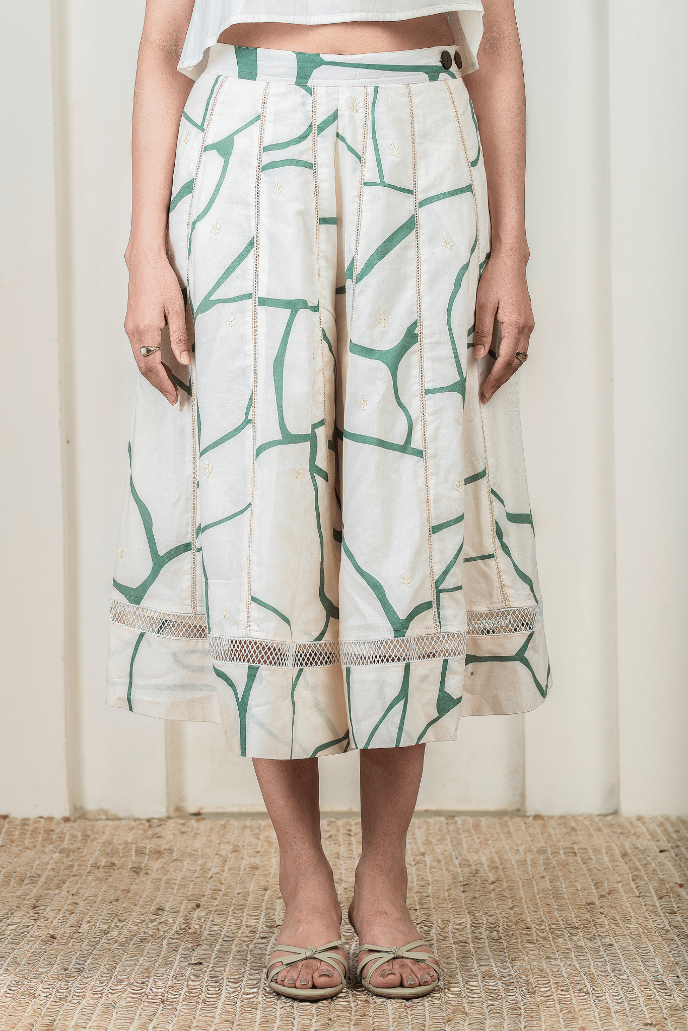 Green Kintsugi Print on Beige Culottes Style Skirt