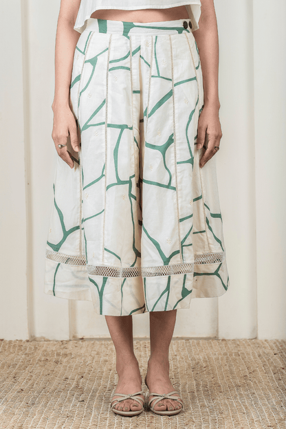 Green Kintsugi Print on Beige Culottes Style Skirt