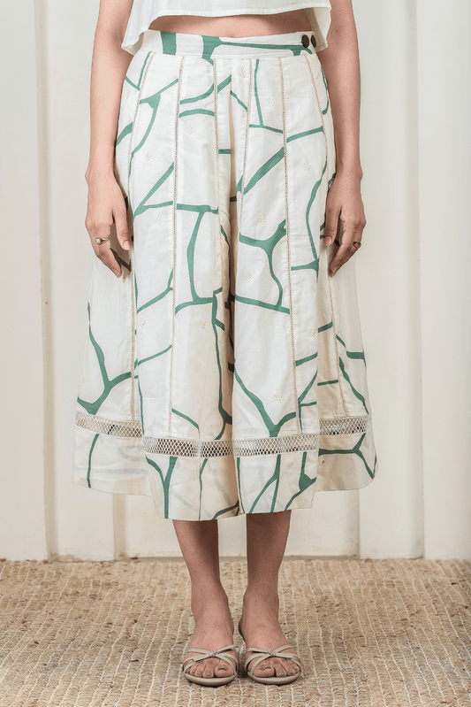 Green Kintsugi Print on Beige Culottes Style Skirt