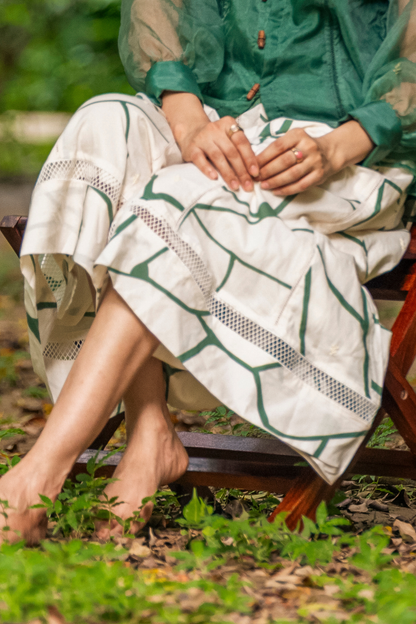 Green Kintsugi Print on Beige Culottes Style Skirt