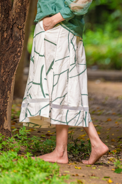 Green Kintsugi Print on Beige Culottes Style Skirt