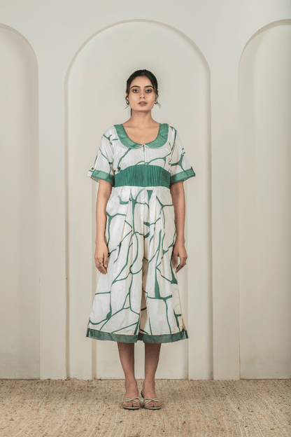 Beige & Green Print Cotton Jumpsuit