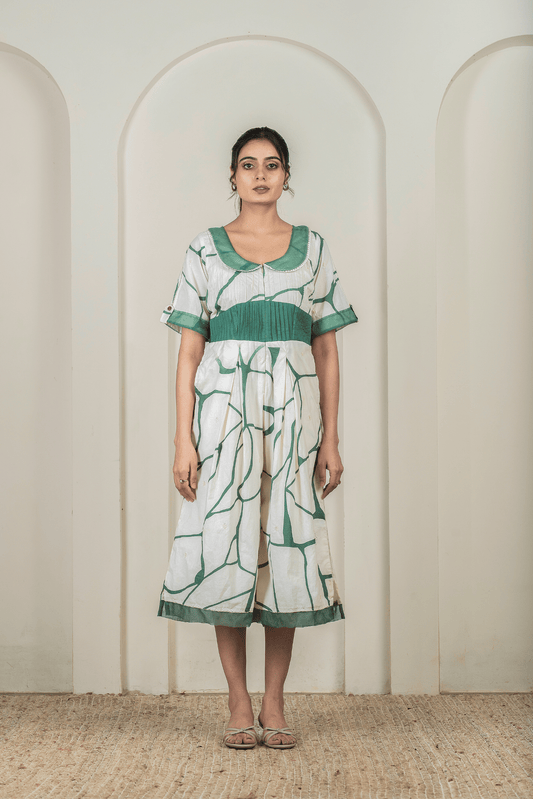 Beige & Green Printed Cotton Jumpsuit