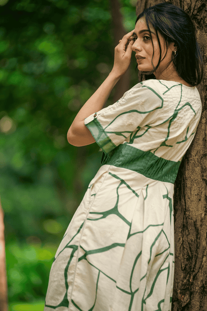 Beige & Green Print Cotton Jumpsuit