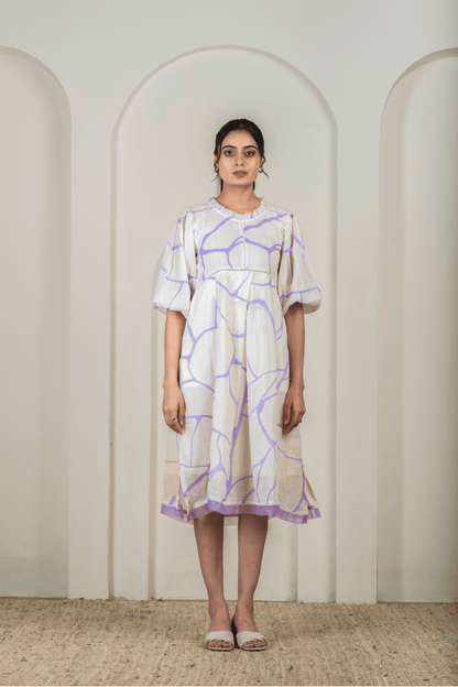 Beige & Lilac Print Cotton Dress