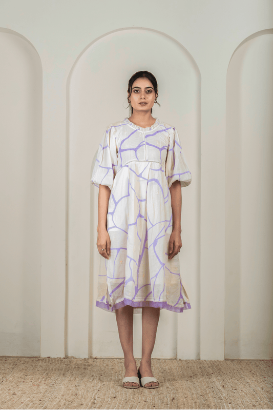 Beige & Lilac Printed Cotton Dress