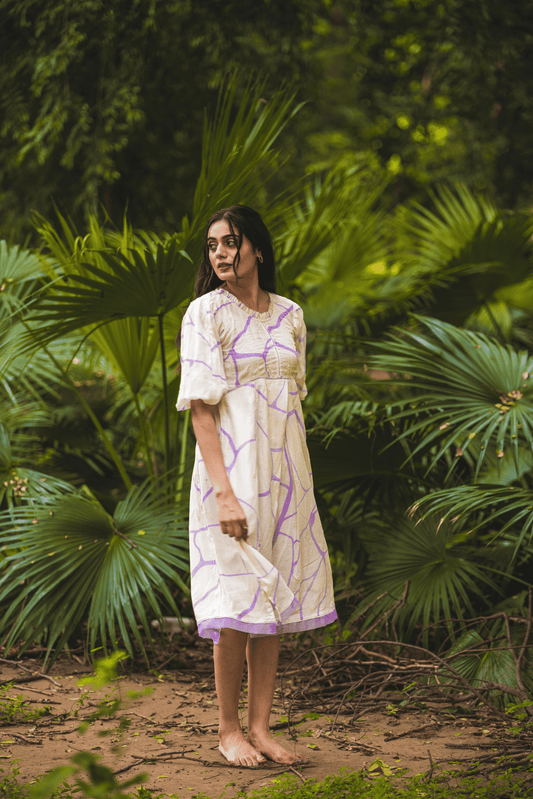 Beige & Lilac Printed Cotton Dress