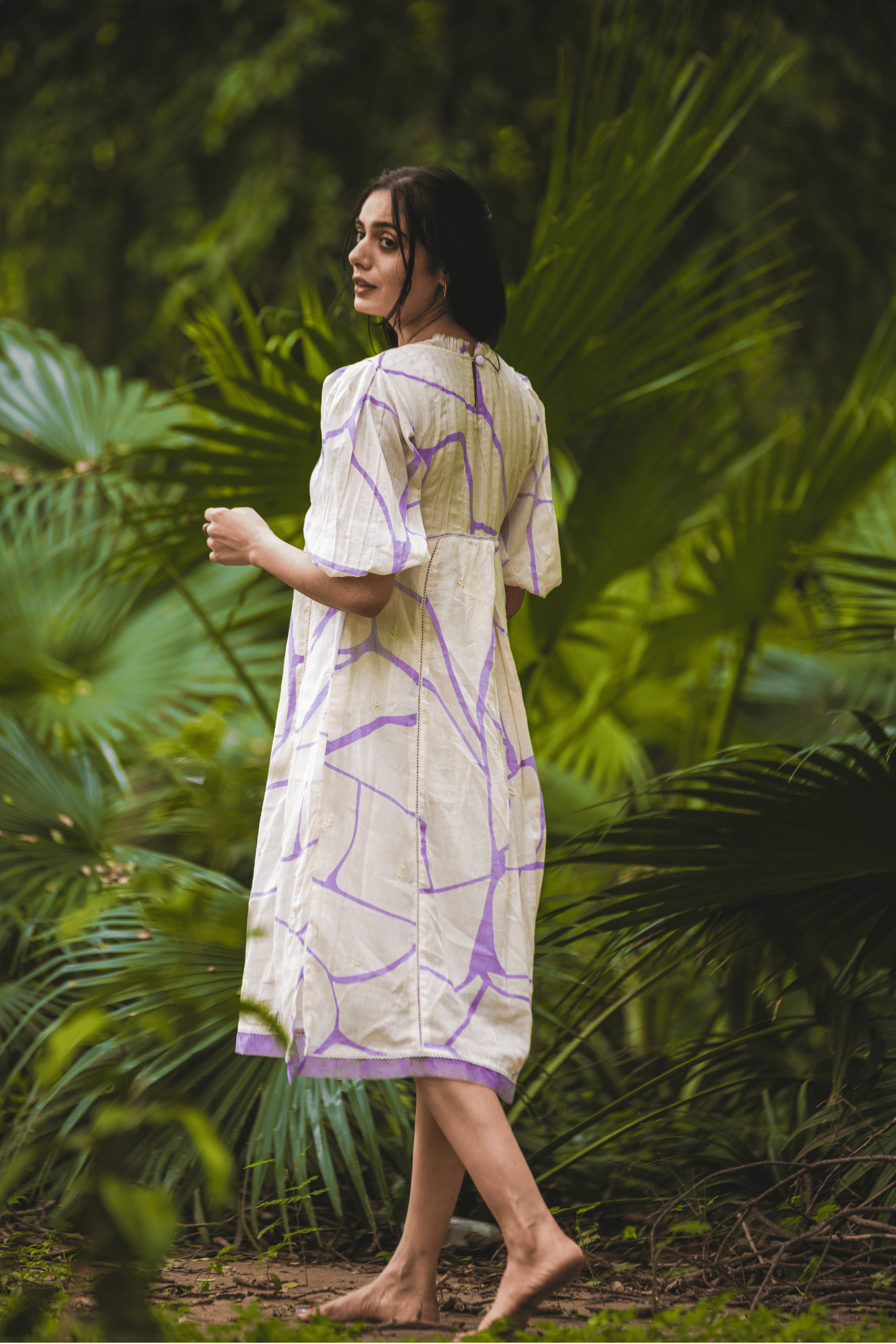 Beige & Lilac Print Cotton Dress
