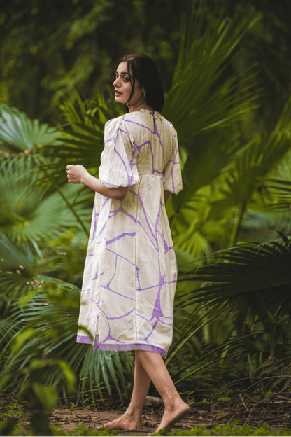 Beige & Lilac Print Cotton Dress
