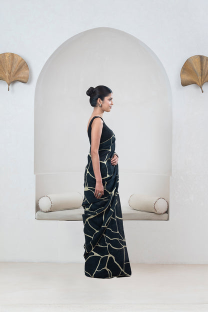 Black Kintsugi Yellow Print Gauze Linen Sari