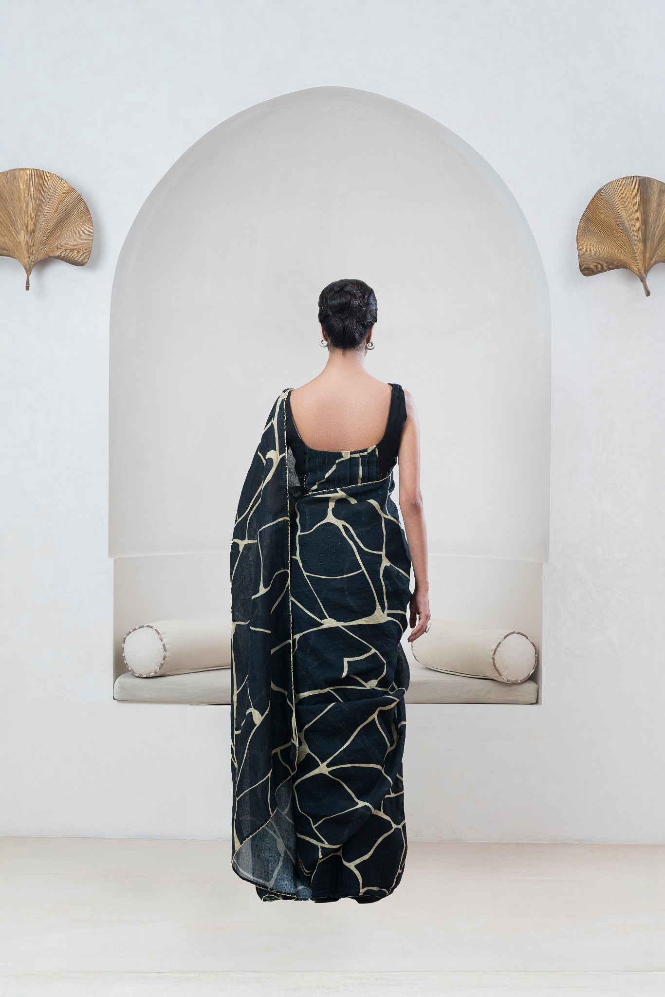 Black Kintsugi Yellow Print Gauze Linen Sari