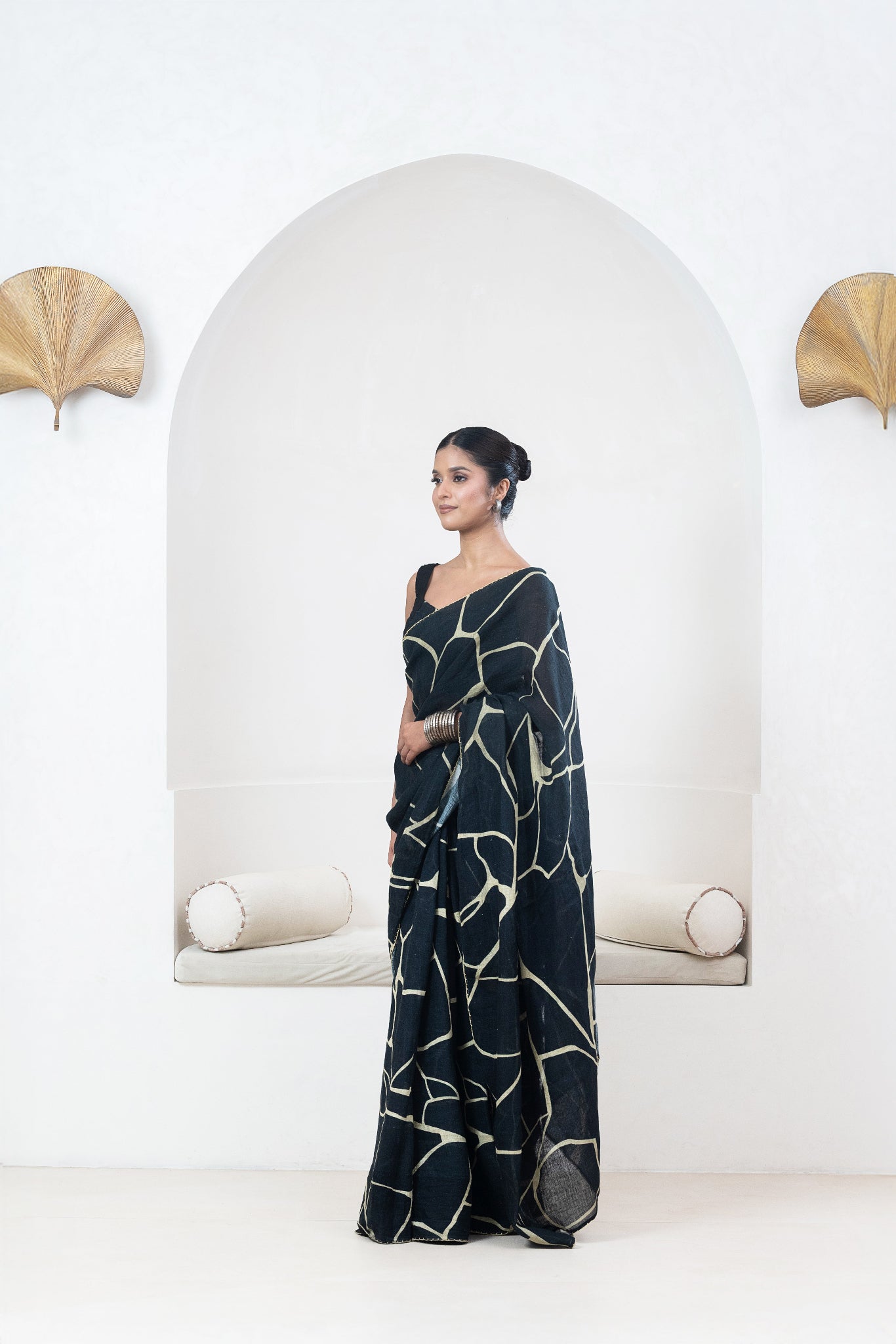 Black Kintsugi Yellow Print Gauze Linen Sari