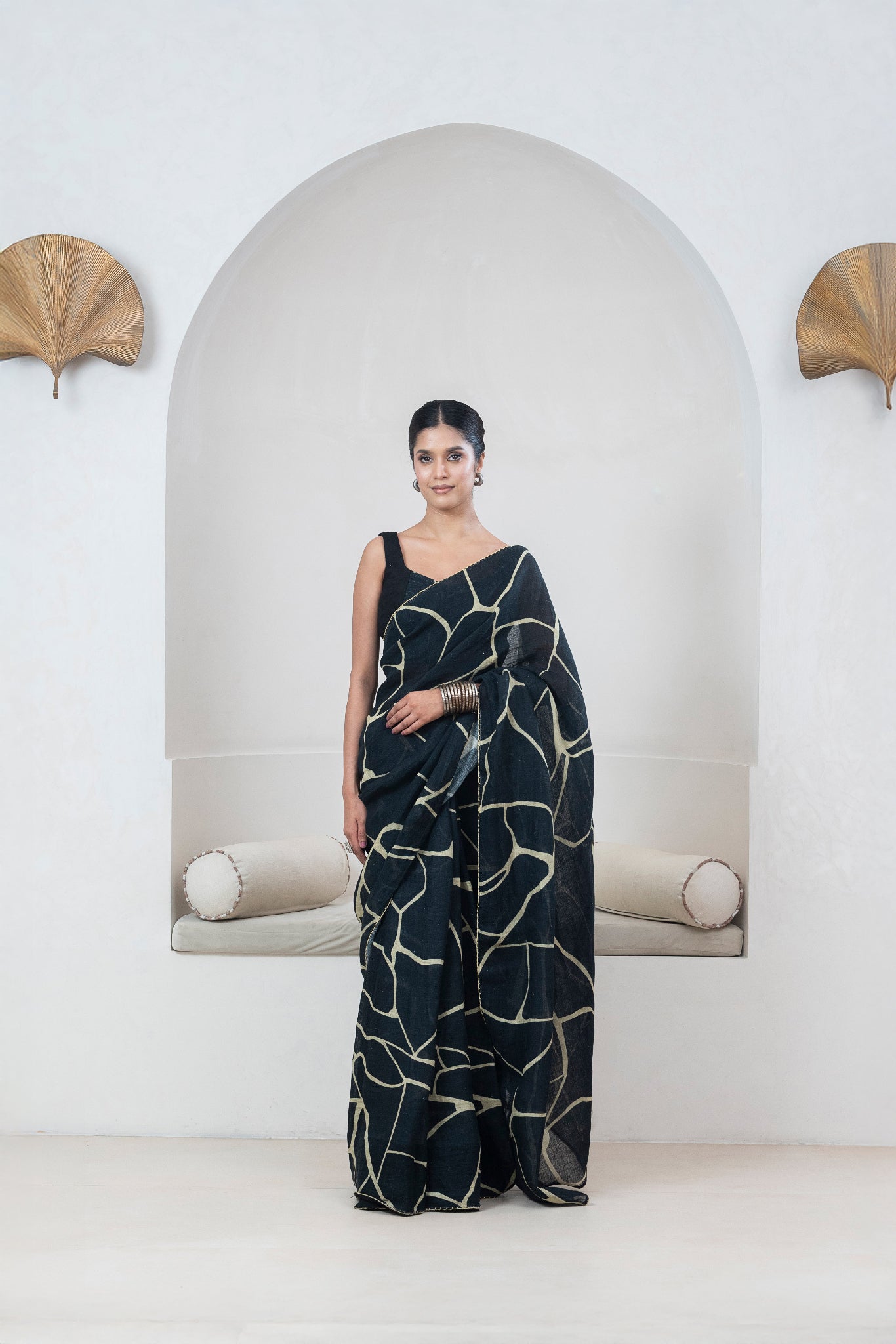 Black Kintsugi Yellow Print Gauze Linen Sari