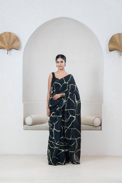 Black Kintsugi Yellow Print Gauze Linen Sari