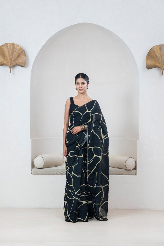 Black Kintsugi Yellow Print Gauze Linen Sari