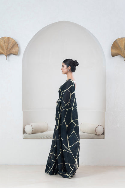 Black Kintsugi Yellow Print Gauze Linen Sari